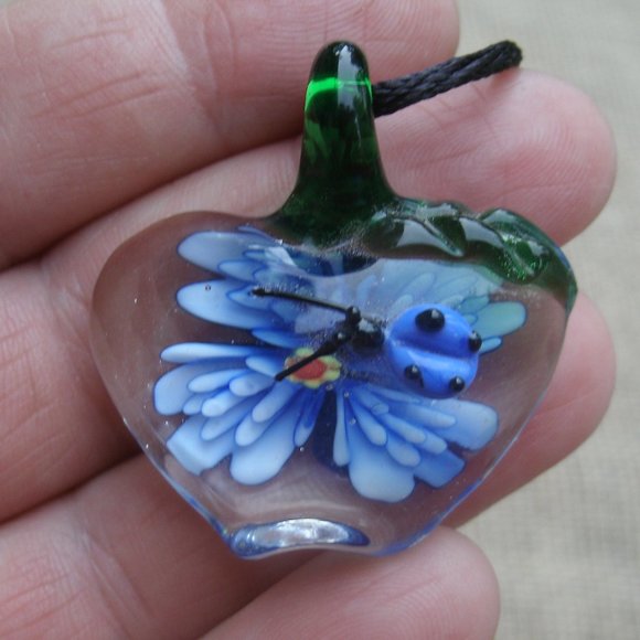 Murano Glass Apple Lady Bug Blue Flower Necklace - Picture 12 of 14